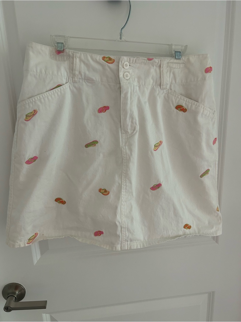 White Embroidered Mini Skort with Pink & Orange flip flops